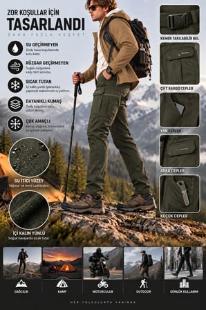 Erkek Kışlık Softshell İçi Polarlı Rüzgar, Soğuk & Su Geçirmez Taktik Pantolon - E232