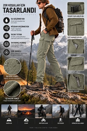 Erkek Kışlık Softshell İçi Polarlı Rüzgar, Soğuk & Su Geçirmez Taktik Pantolon - E232