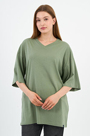 V Yaka Oversize T-shirt (E24-742A-WN)