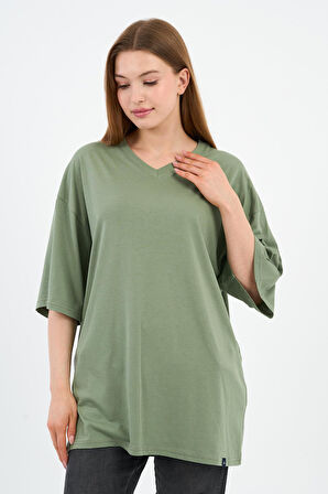 V Yaka Oversize T-shirt (E24-742A-WN)