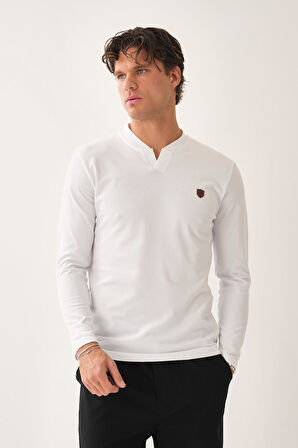 V Yaka Yırtmaç Detaylı Uzun Kollu T-Shirt