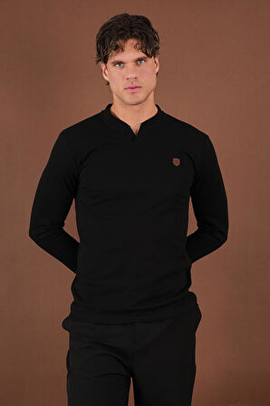 V Yaka Yırtmaç Detaylı Uzun Kollu T-Shirt