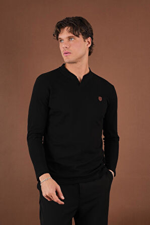 V Yaka Yırtmaç Detaylı Uzun Kollu T-Shirt