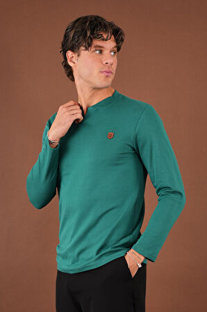 V Yaka Yırtmaç Detaylı Uzun Kollu T-Shirt