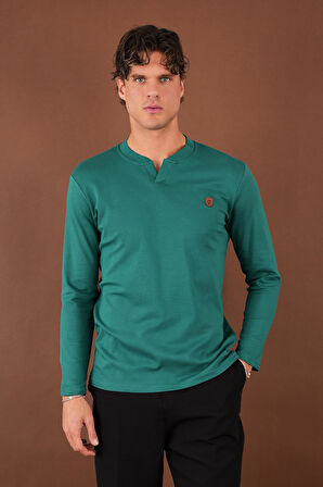 V Yaka Yırtmaç Detaylı Uzun Kollu T-Shirt