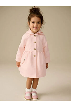 Pamuklu Toz Pembe Suya Dayanıklı Kapüşonlu Trençkot / Mont
