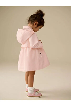 Pamuklu Toz Pembe Suya Dayanıklı Kapüşonlu Trençkot / Mont