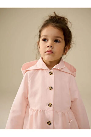 Pamuklu Toz Pembe Suya Dayanıklı Kapüşonlu Trençkot / Mont