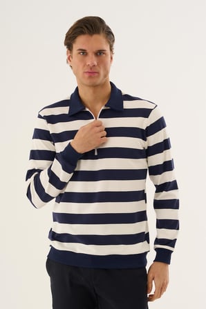 Çizgili Yarım Fermuarlı Polo Yaka Uzun Kollu Sweatshirt