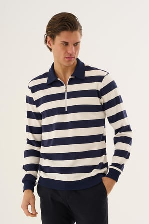 Çizgili Yarım Fermuarlı Polo Yaka Uzun Kollu Sweatshirt