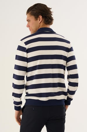 Çizgili Yarım Fermuarlı Polo Yaka Uzun Kollu Sweatshirt