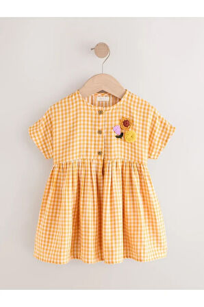 % 100 Pamuklu Sarı Ekoseli Çiçek Desenli Kısa Kollu Elbise