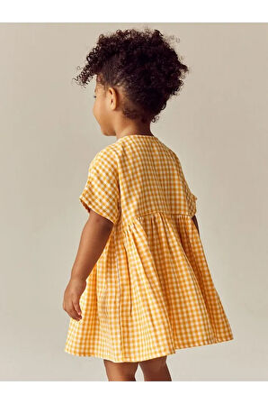 % 100 Pamuklu Sarı Ekoseli Çiçek Desenli Kısa Kollu Elbise