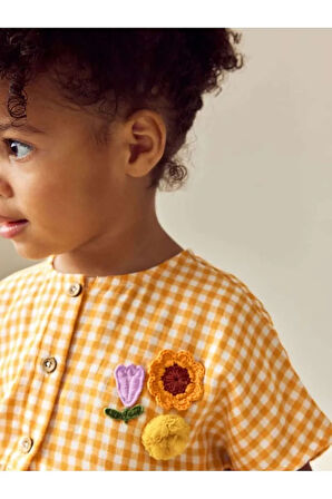 % 100 Pamuklu Sarı Ekoseli Çiçek Desenli Kısa Kollu Elbise