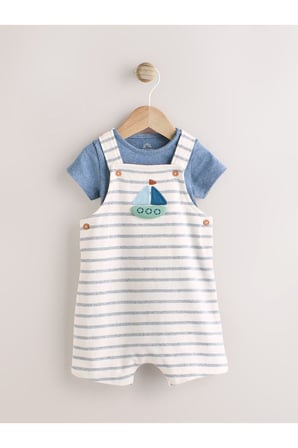 Next Baby %100 Pamuklu Mavi Beyaz Çizgili Gemi Desenli Kısa Kollu Salopet Body Zıbın Set