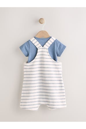 Next Baby %100 Pamuklu Mavi Beyaz Çizgili Gemi Desenli Kısa Kollu Salopet Body Zıbın Set