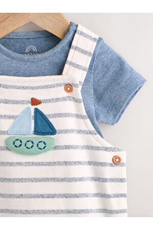 Next Baby %100 Pamuklu Mavi Beyaz Çizgili Gemi Desenli Kısa Kollu Salopet Body Zıbın Set