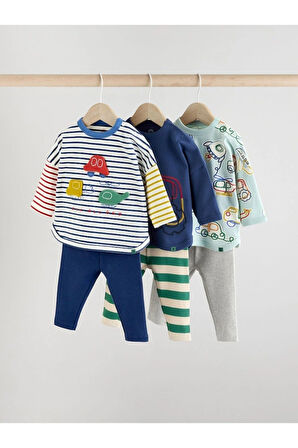 Next Baby Pamuklu Mavi Gri Baskılı Uzun Kollu 3'lü Alt Üst Takım