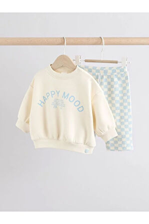 Pamuklu Beyaz Mavi Baskılı Uzun Kollu Alt Üst Takım