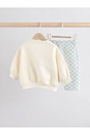 Pamuklu Beyaz Mavi Baskılı Uzun Kollu Alt Üst Takım