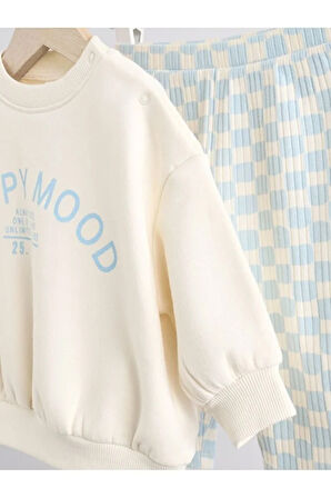 Pamuklu Beyaz Mavi Baskılı Uzun Kollu Alt Üst Takım