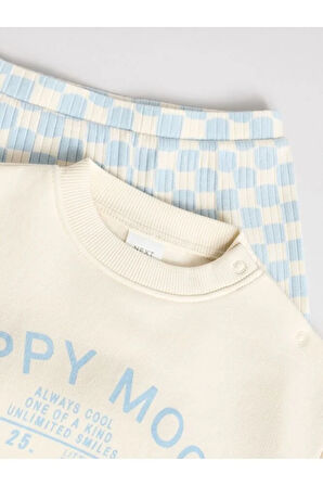 Pamuklu Beyaz Mavi Baskılı Uzun Kollu Alt Üst Takım