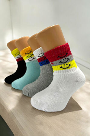 8 Çift Burun Dikişsiz Güler Yüz Desenli Kışlık Kalın Havlu Çocuk Soket Çorap