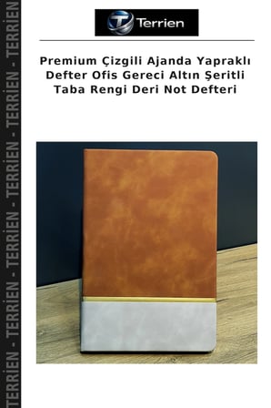 Premium Çizgili Ajanda Yapraklı Defter Ofis Gereci Altın Şeritli Taba Rengi Deri Not Defteri