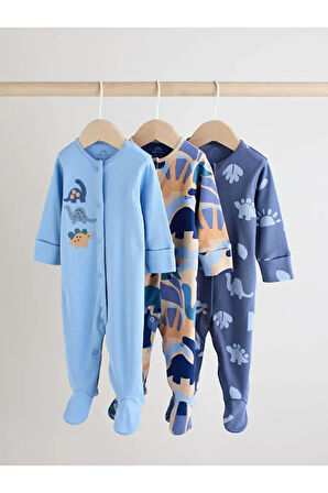 % 100 Pamuklu Mavi Lacivert Dinozor Desenli 3'lü Tulum Set