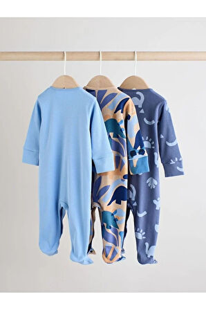 % 100 Pamuklu Mavi Lacivert Dinozor Desenli 3'lü Tulum Set
