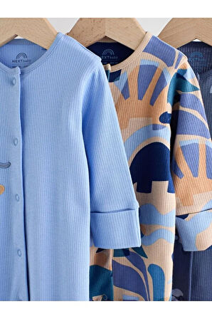 % 100 Pamuklu Mavi Lacivert Dinozor Desenli 3'lü Tulum Set