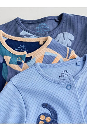 % 100 Pamuklu Mavi Lacivert Dinozor Desenli 3'lü Tulum Set