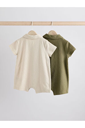Next Baby %100 Pamuklu Krem Haki Dokulu Gömlek Yaka 2'li Romper Set