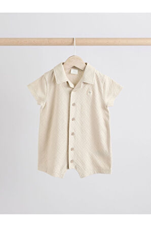 Next Baby %100 Pamuklu Krem Haki Dokulu Gömlek Yaka 2'li Romper Set