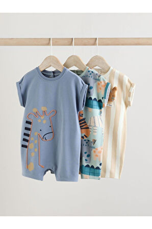 Next Baby %100 Pamuklu Mavi Krem Animal Desenli 3'lü Romper Set