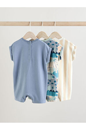 Next Baby %100 Pamuklu Mavi Krem Animal Desenli 3'lü Romper Set