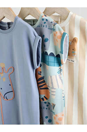 Next Baby %100 Pamuklu Mavi Krem Animal Desenli 3'lü Romper Set