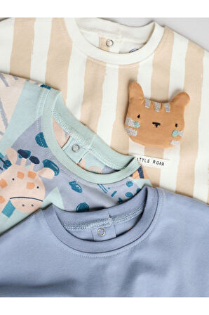Next Baby %100 Pamuklu Mavi Krem Animal Desenli 3'lü Romper Set