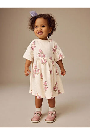 % 100 Pamuklu Ekru Çiçek Desenli Kısa Kollu Elbise