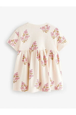 % 100 Pamuklu Ekru Çiçek Desenli Kısa Kollu Elbise
