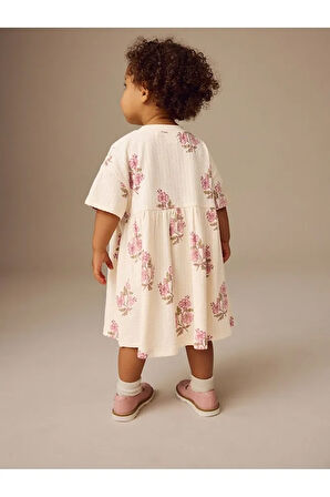% 100 Pamuklu Ekru Çiçek Desenli Kısa Kollu Elbise