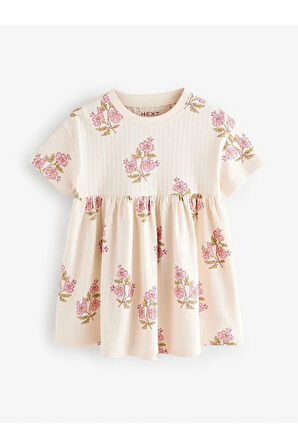 % 100 Pamuklu Ekru Çiçek Desenli Kısa Kollu Elbise