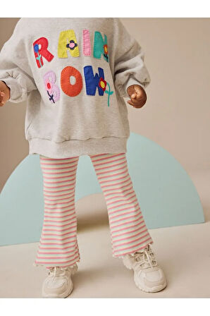 Pamuklu Gri Pembe Baskılı Uzun Kollu Sweatshirt Tayt Alt Üst Takım