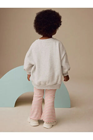 Pamuklu Gri Pembe Baskılı Uzun Kollu Sweatshirt Tayt Alt Üst Takım