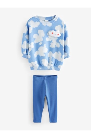Next Baby Pamuklu Mavi Bulut Desenli Uzun Kollu Sweatshirt Tayt Alt Üst Takım