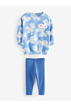 Next Baby Pamuklu Mavi Bulut Desenli Uzun Kollu Sweatshirt Tayt Alt Üst Takım