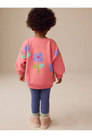 Pamuklu  Pembe Çiçek Baskılı Uzun Kollu Sweatshirt Tayt Alt Üst Takım