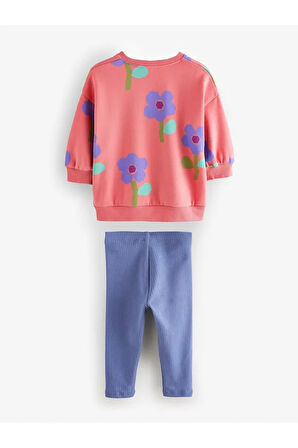 Pamuklu  Pembe Çiçek Baskılı Uzun Kollu Sweatshirt Tayt Alt Üst Takım
