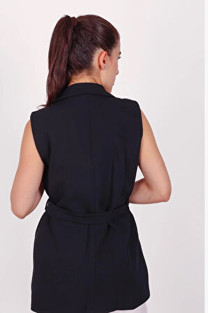 Kadın Siyah Kolsuz Kuşaklı Yelek