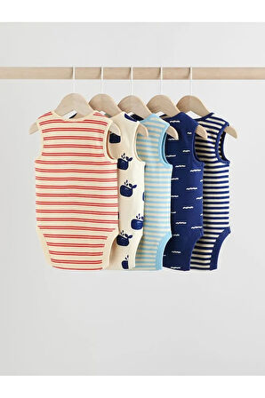 % 100 Pamuklu Kırmızı Mavi Balık Desenli 5'li Body Zıbın Set